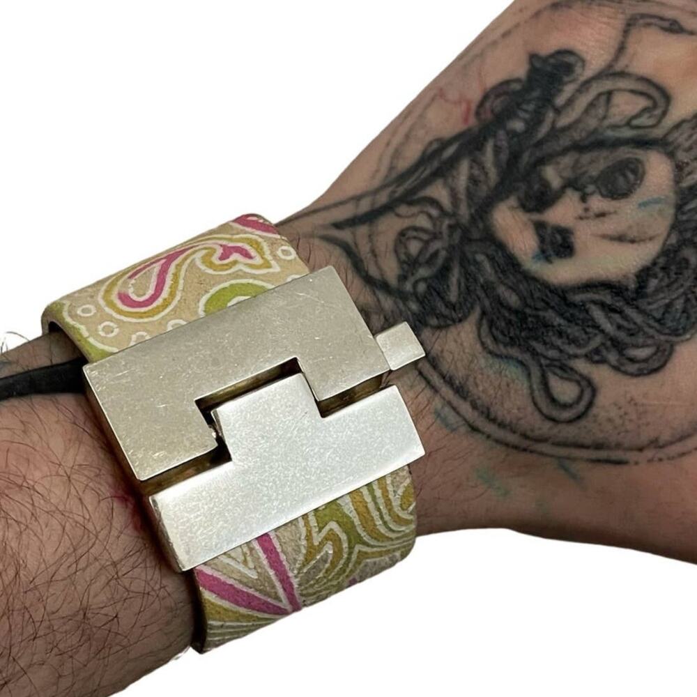 Leighelena Leather Wide Jigsaw Clasp Closure Cuff Paisley Print Bracelet USA